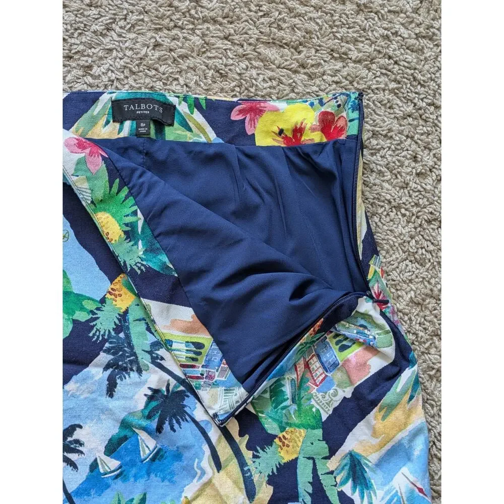 Talbots Tropical Skirt Womens 8P Blue-Pink Boat Coastal Beachy Resort Mature